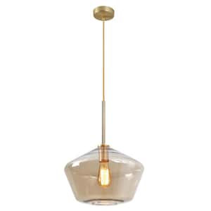 11.8 in. W x 10.4 in. H 1-Light Amber Glass Champagne Gold Pendant Light with Shade