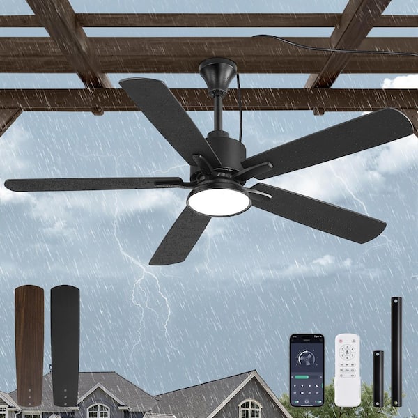 52 in. Waterproof Outdoor Black 6-Speed Dimmable Downrod Mount Standard Ceiling Fan with Lights, Remote Control Included