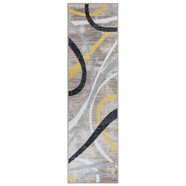 Contemporary Distressed Yellow 2 ft. x 7 ft. Abstract Lines Non Slip Runner Rug