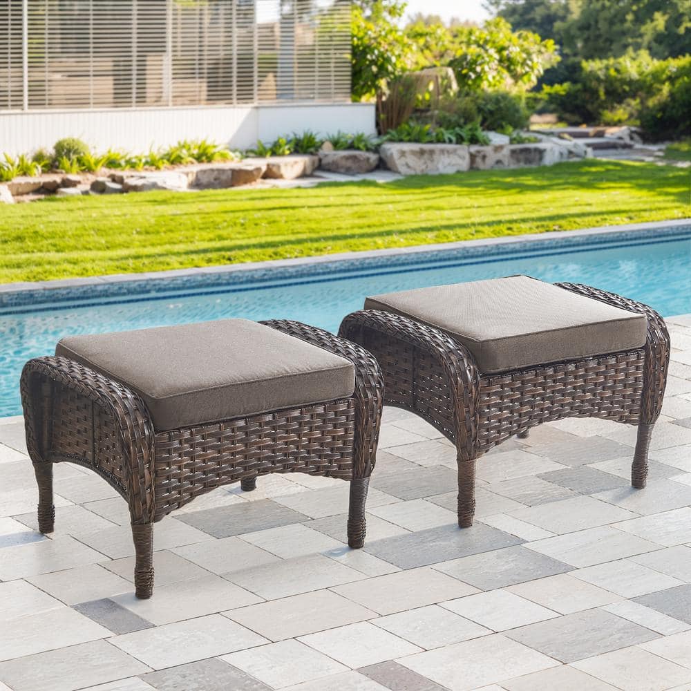 PE Wicker Outdoor Ottoman Set Of 2 - Brown, Weather-Resistant With Removable Cushions & Hidden Storage