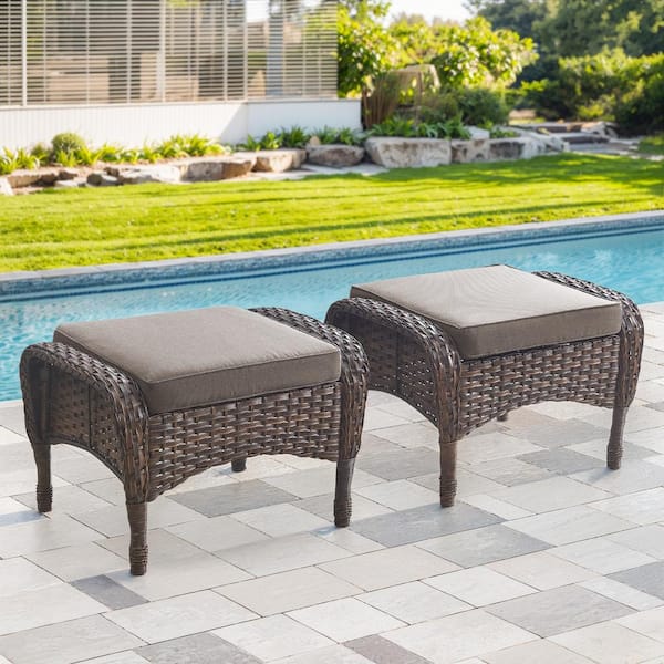 Brown Wicker Outdoor Ottoman with Gray Cushions (2-Pack)