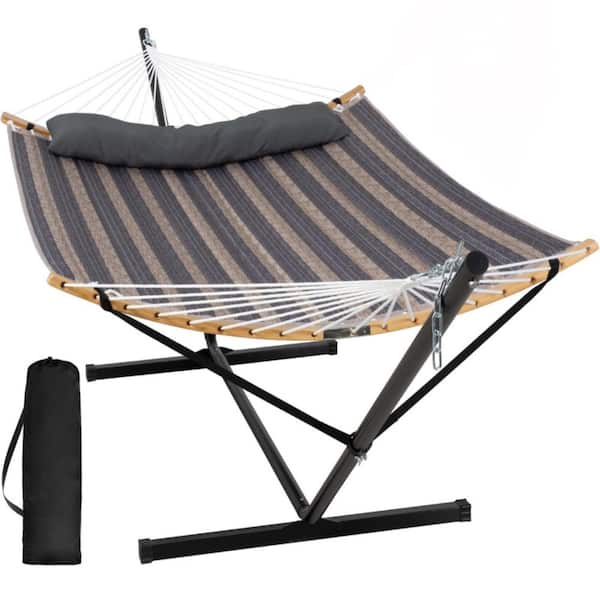 Double Portable Hammock with Stand,Curved Spreader Bar & Balance Ropes,Outdoor Relaxation (Dark Gray Stripes)