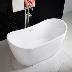 Ladlow 59 in. Acrylic FlatBottom Double Slipper Bathtub with Brushed Nickel Overflow and Drain Included in White
