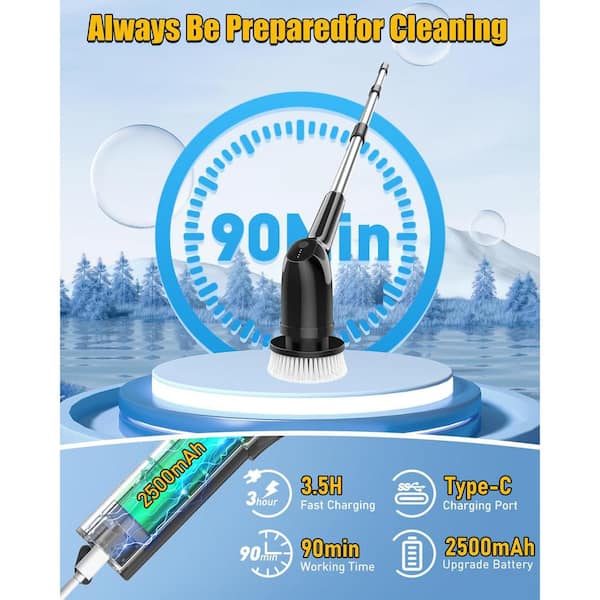 Unbranded - 53.3 in. Scrub Brush Adjustable Handle Electric Spin Shower Scrubber with 2 Spin Speeds and 3 Replaceable Cleaning Heads