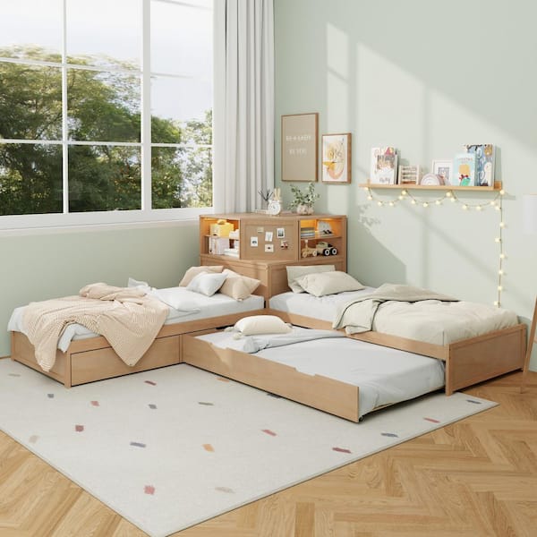 Natural Wood Frame Twin Size Platform Bed with Trundle and Drawer, Built-in Desk and Led Downlight