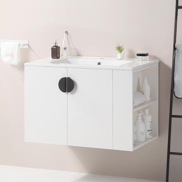 30 in. W x 18 in. D x 19 in. H Single Sink Floating Bath Vanity in White with White Ceramic Top, Right Open Shelves