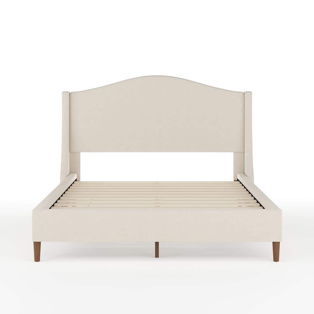 Full Beige Linen Upholstered Platform Bed with Walnut Legs