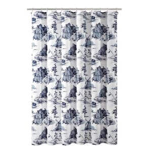 72 in. x 72 in. French Country Toile Shower Curtain White/Blue Single