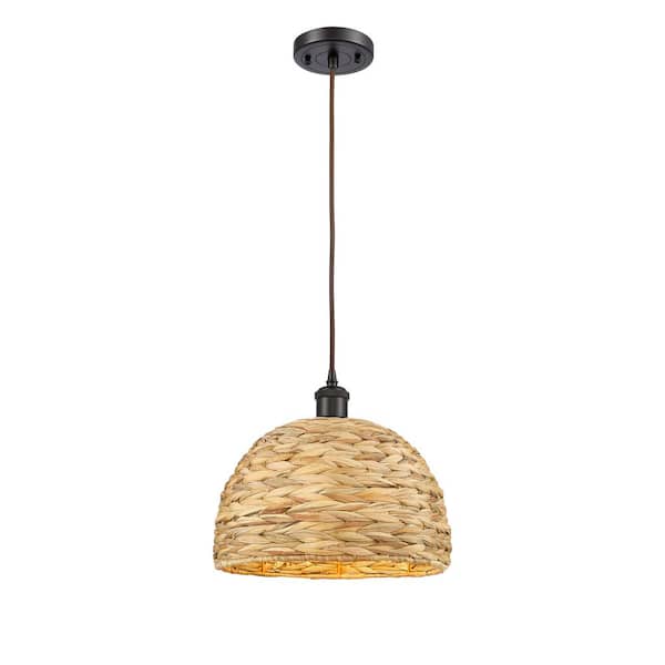 Innovations Woven Rattan 100-Watt 1-Light Oiled Brass Shaded Mini Pendant Light with Rattan Shade