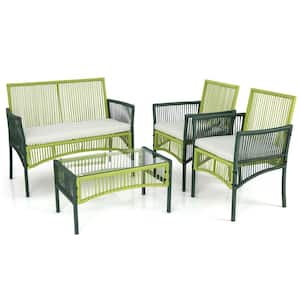 4-Piece Metal Plastic Wicker Patio Conversation Set in White Cushion with Tempered Glass Side Table