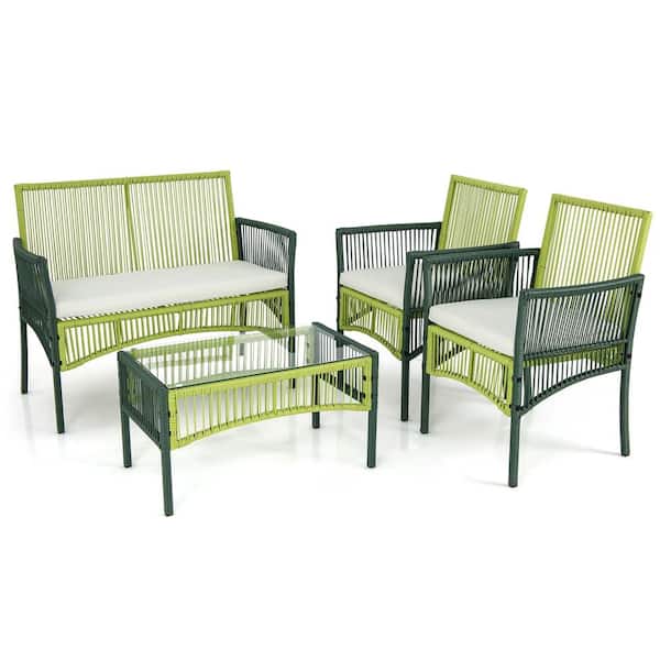 Costway 4-Piece Metal Plastic Wicker Patio Conversation Set in White Cushion with Tempered Glass Side Table