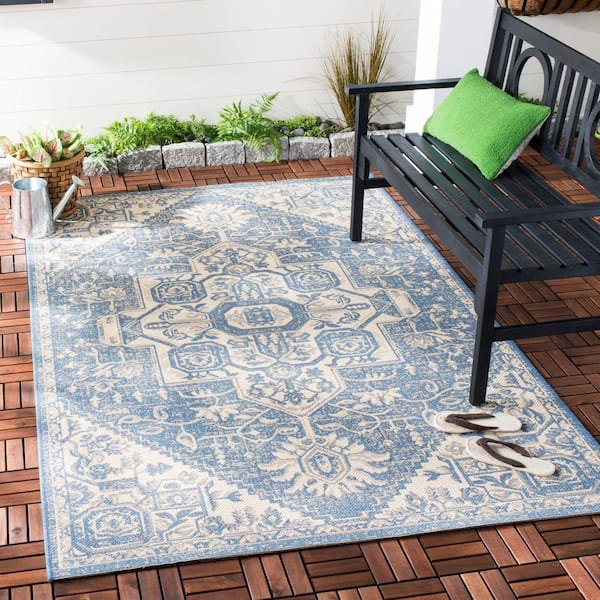 Beach House Cream/Blue Doormat 2 ft. x 4 ft. Kilim Floral Indoor/Outdoor Area Rug