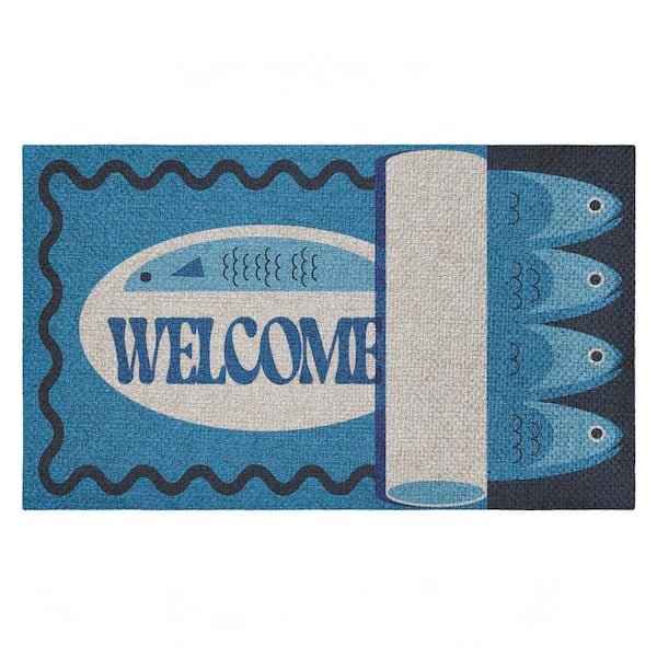 Welcome Coastal Tuna Blue 18 in. x 30 in. Polyester Non-Slip Outdoor Door Mat