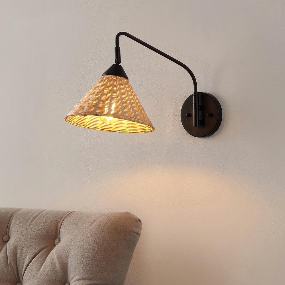 Black Iron Swing Arm Sconce with Natural Woven Shade