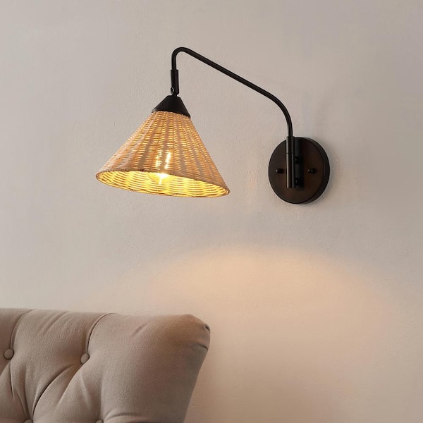 Kiawah 11 in. 1-Light Black/Natural Wall Sconce Vintage Coastal Rattan/Metal Swing Arm LED