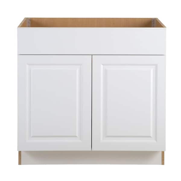 Hampton Bay Benton 36 in. W x 24.5 in. D x 34.5 in. H Assembled Sink Base Kitchen Cabinet in White with False Drawer Front