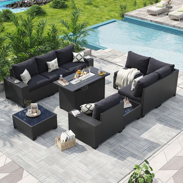 Sizzim Black 10-Piece Wicker Rattan Outdoor Patio Conversation Set