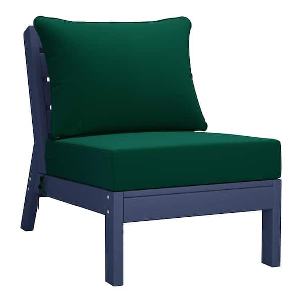 Birchwood Outdoor Patio Deep Seating HDPE Armless Lounge Chair in Navy Blue with Green Cushions