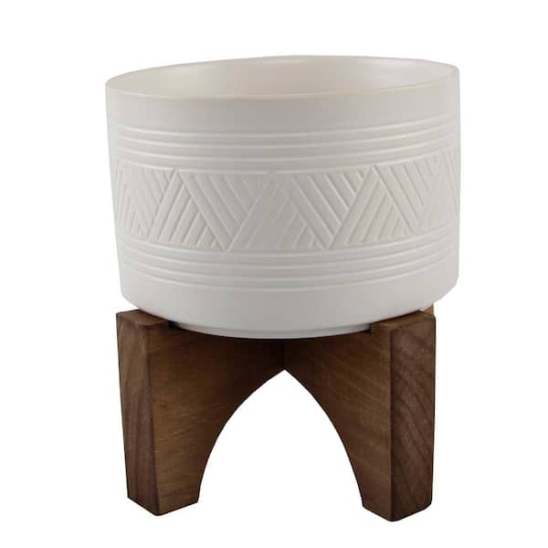 Flora Bunda 7 in. White Mountain Ceramic Planter on Wood Stand