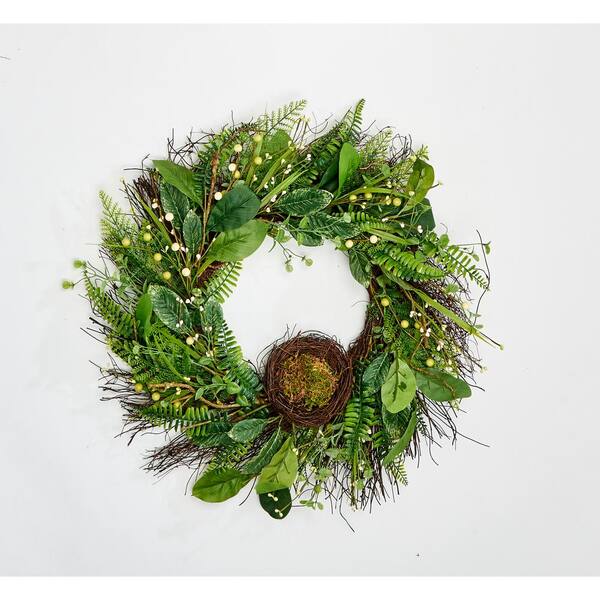 Worth Imports 24 in. Artificial Green Leaves Berries and Nest Wreath on Natural Twig Base