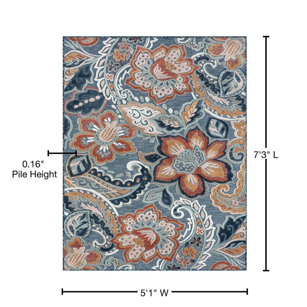Tropic Floral Dark Blue Synthetic 5' x 7' Easy Care Area Rug