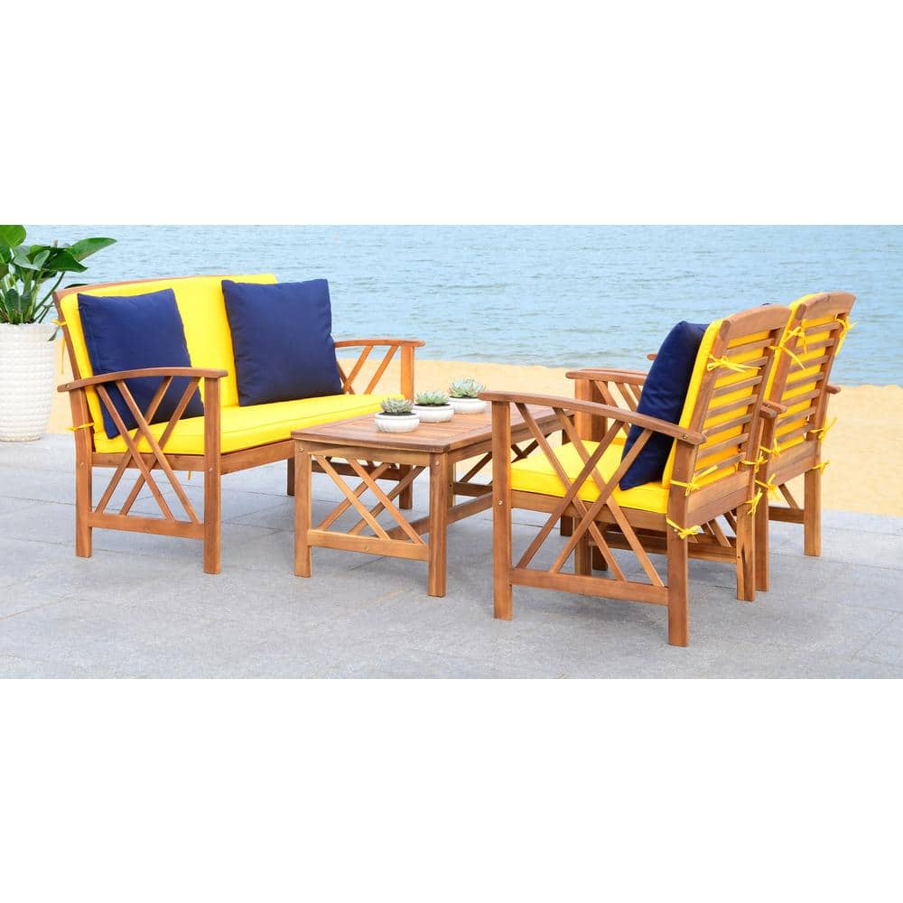 Fontana Natural Acacia Wood 4-Piece Patio Set with Yellow Cushions
