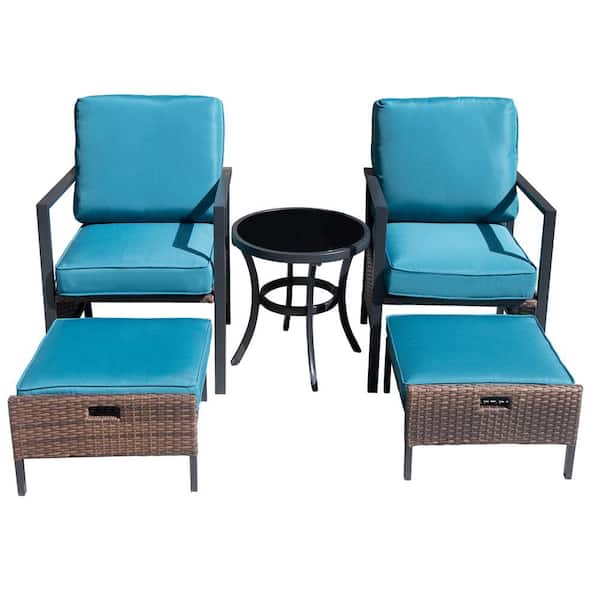 Unbranded 5-Piece Wicker Patio Conversation Set with Ottoman in Blue