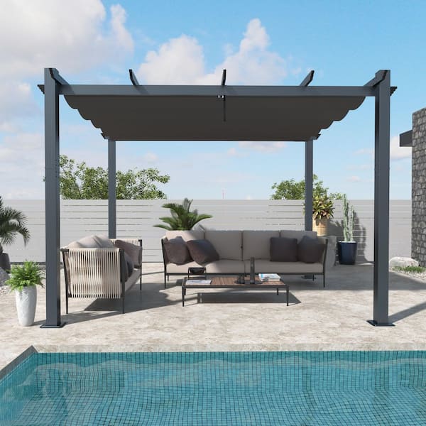 10 ft. W x 10 ft. D Aluminum Pergola Outdoor with Dark Gray Retractable Canopy