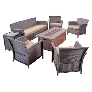 St. Lucia Brown 7-Piece Faux Rattan Patio Fire Pit Conversation Set with Tan Cushions