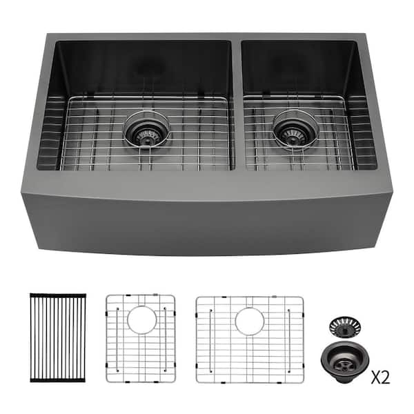 WELLFOR 33 in. Farmhouse Double Bowl 16-Gaige Gunmetal Black Stainless Steel Kitchen Sink with Grids, Strainer, Drying Rack