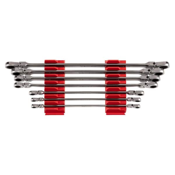 TEKTON 6 mm-19 mm Long Flex Head 12-Point Ratcheting Box End Wrench Set with Modular Slotted Organizer (7-Piece)