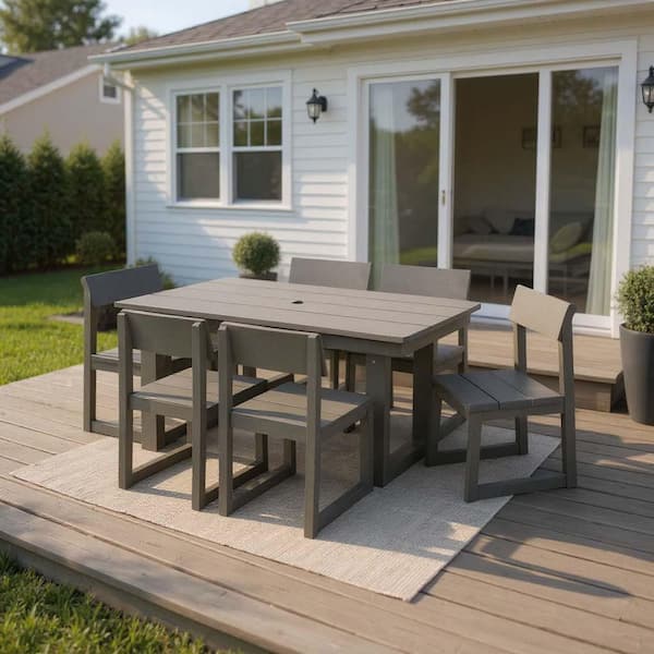 7-Piece Gray All-Weather HDPE Wood Outdoor Dining Set with Umbrella Hole and 6 Armless Chairs