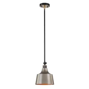 Versailles 8 in. 1-Light Pendant in Black with Antique Brass with Grey Green Metal Shade Pendant Light