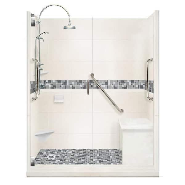 American Bath Factory Newport Freedom Luxe Hinged 42 in. x 60 in. Left Drain Alcove Shower in Natural Buff and Chrome Faucet/Hardware