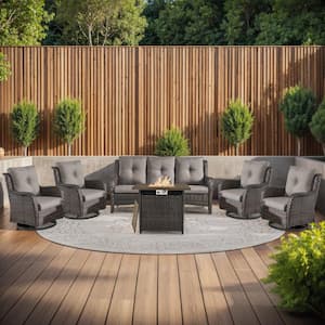 6-Piece Brown Wicker Fire Pit Conversation Set with Olefin Gray Cushions and 4 Swivel Glider Chairs and Couch