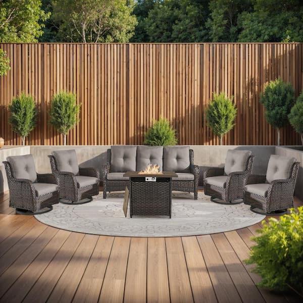 moosprr 6-Piece Brown Wicker Fire Pit Conversation Set with Olefin Gray Cushions and 4 Swivel Glider Chairs and Couch