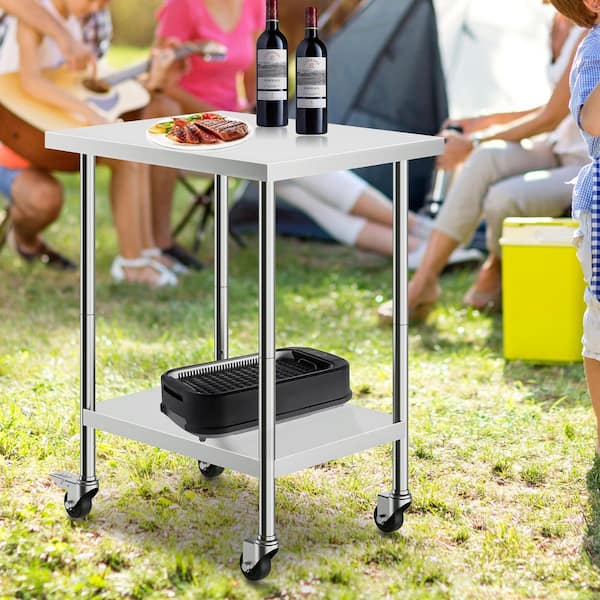 Stainless Steel Work Table 24 x 30 x 38 In. Silver Kitchen Prep Table with 4 Wheels, 3 Adjustable Height Levels
