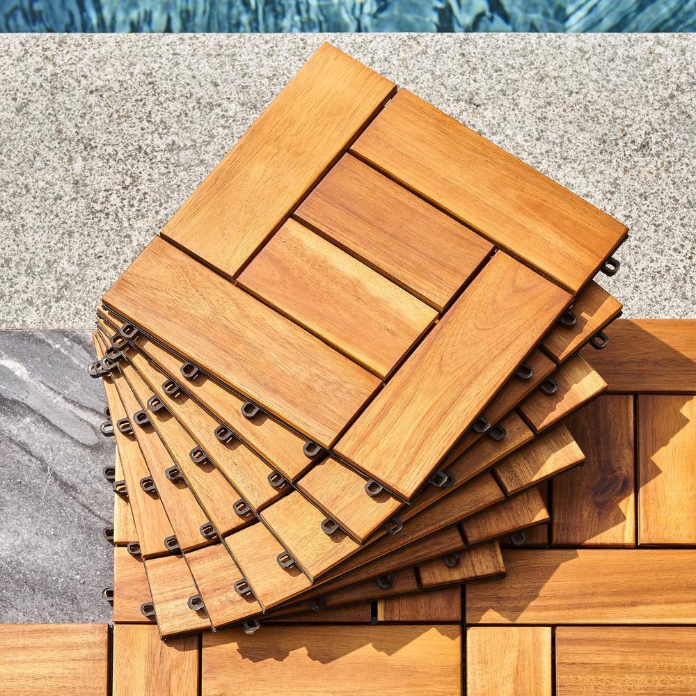 Medium Brown Eucalyptus Interlocking Wooden Deck Tiles, Set of 10