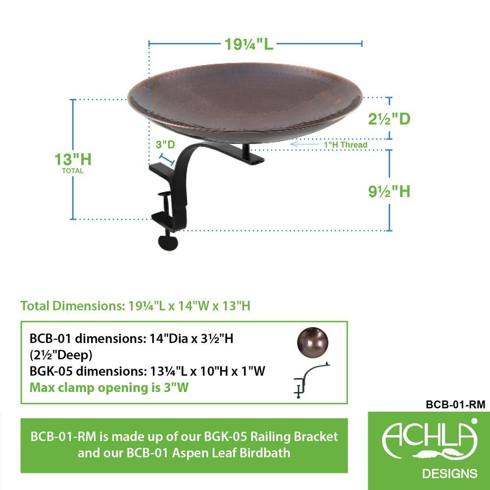 Burnt Copper 15" Hammered Birdbath with Rail Mount Bracket
