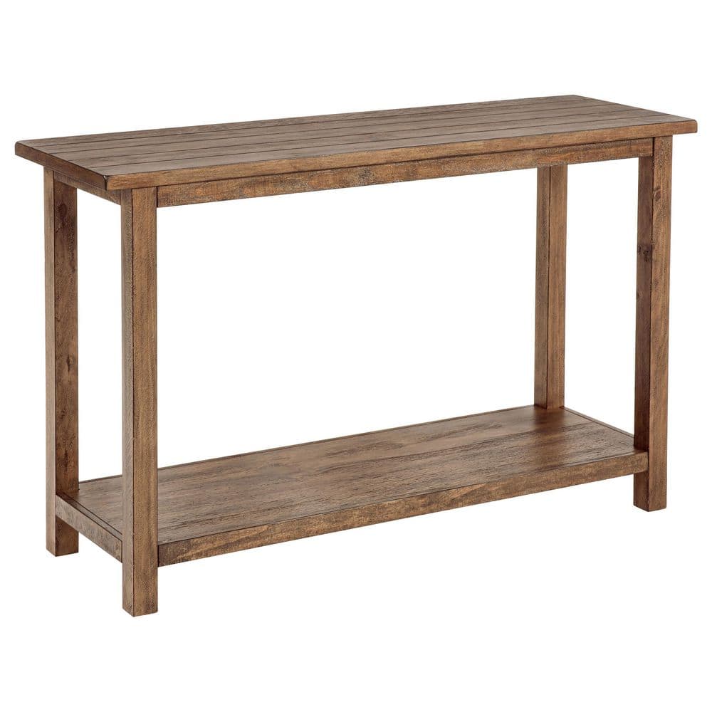 Distressed Brown Pine Wood Console Table with Shelf