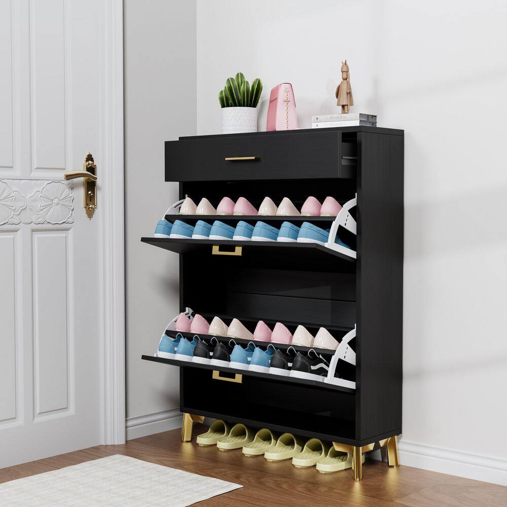 43 in. H x 32 in. W Black Shoe Storage Cabinet, Freestanding Shoe Rack with 2-Flip Drawers & Metal Legs, Hallway/Closet