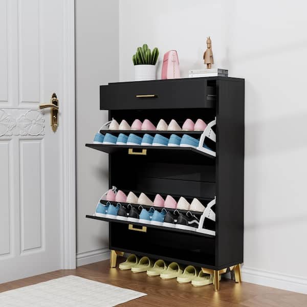 43 in. H x 32 in. W Black Shoe Storage Cabinet, Freestanding Shoe Rack with 2-Flip Drawers & Metal Legs, Hallway/Closet
