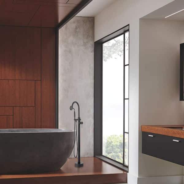 Forest 2-Handle Floor-Mount Roman Tub Faucet with Round Hand Shower in Matte Black