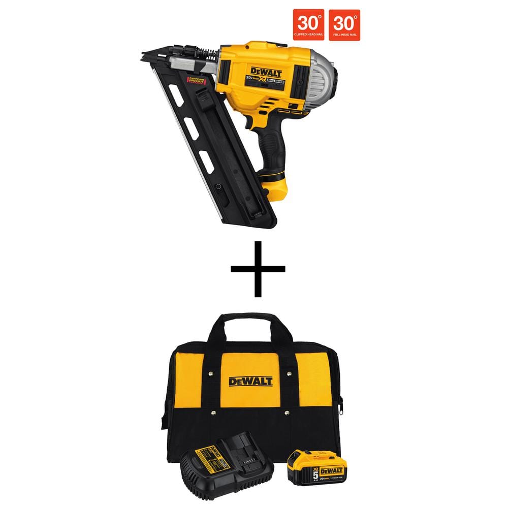 DEWALT 20V MAX XR Lithium-Ion 30 Degree Cordless Brushless 2-Speed Framing Nailer, (1) 5.0Ah Battery, Charger, and Bag -  DCN692BW205CK