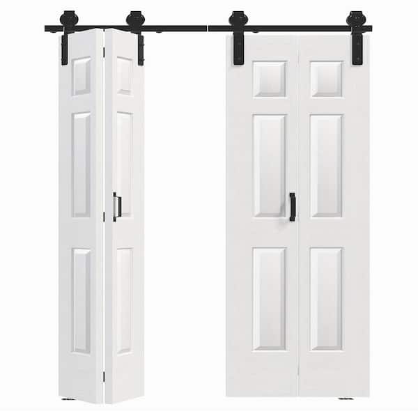 TENONER 72 in. x 84 in. (36 in. W x 2) Bi-Fold 6-Panel White MDF Pre-Drilled Double Sliding Barn Door with Hardware Kit Set.