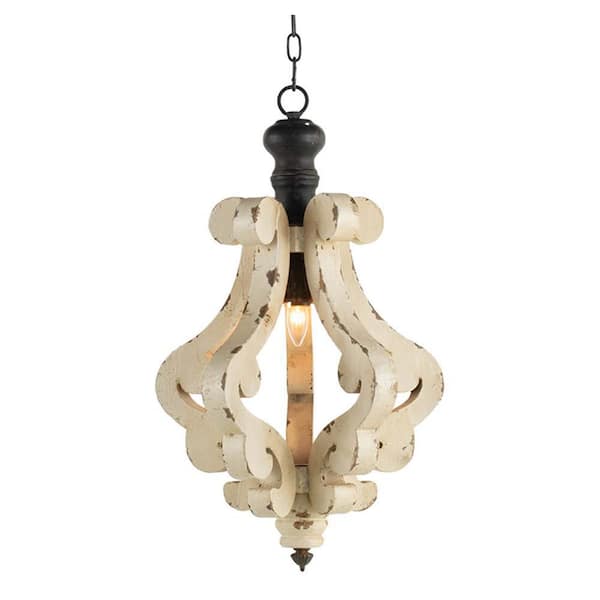 CottaIron 1-Light Distressed White Rustic Pendant Design Wood Chandelier for Kitchen,Hallway with No Bulbs Included