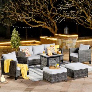 Grand patio Outdoor Conversation Set with Fire Pit 6 PCS Outdoor Furniture Set Sectional Sofa Set Wicker Patio Sofa & Fire Pit Table Backyard & Garden Set with Rattan Side Cabinet 