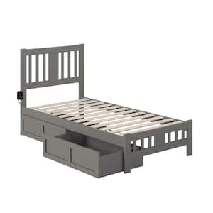 Tahoe Grey Twin Solid Wood Storage Platform Bed with Footboard and 2 Drawers