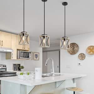 60-Watt 1-Light Farmhouse Pendant Light with White Wooden Grain Finish Shade, No Bulbs Included