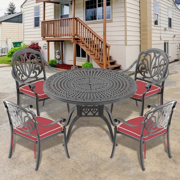 Willit Elizabeth Black 5-Piece Cast Aluminum Outdoor Dining Set with 47.24 in. Round Table and Random Color Seat Cushions